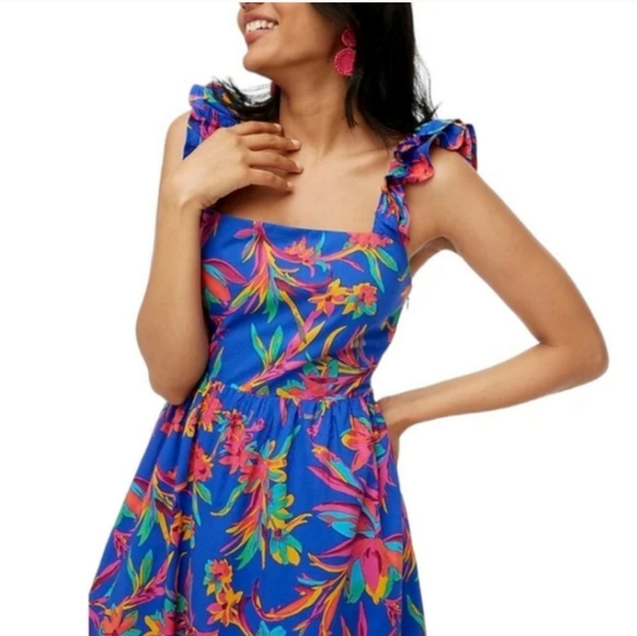 J Crew, Squareneck midi dress, Ruffles Brilliant Blue Dark Peo, Boho Size 6 - Picture 2 of 16